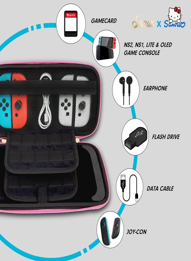 سونيكس حقيبة حمل سونيكس × سانريو لأجهزة نينتندو سويتش 2، سويتش 1، لايت، OLED، حقيبة سفر واقية مع مكان لتخزين خراطيش الألعاب | ملصقات هيلو كيتي وأصدقائها - Image 4